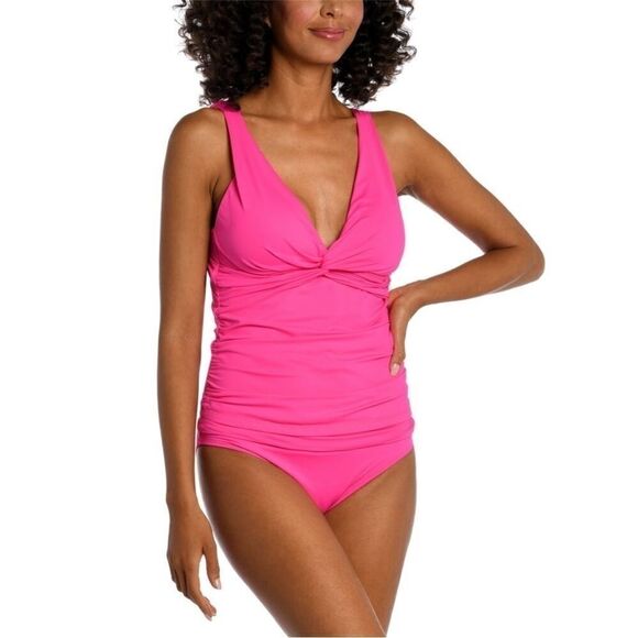 LA BLANCA Goddess Over-The-Shoulder Twist-Front Tankini Top, swimwear 6 pop pink - Picture 1 of 13